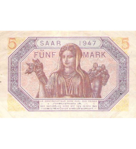 SARRE, OCCUPATION FRANÇAISE - 5 MARK 1947 - TTB