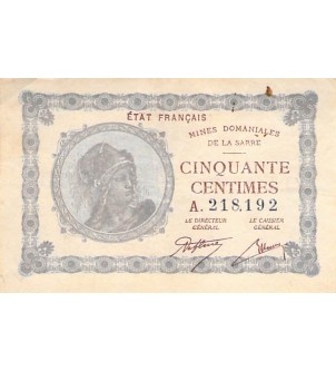 SARRE, MINES DOMANIALES - 50 CENTIMES 1920 SÉRIE A - TTB+