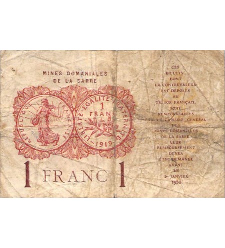 SARRE, MINES DOMANIALES - 1 FRANC 1920 SÉRIE C - B+