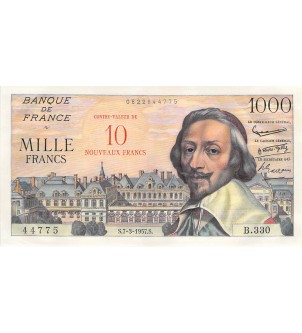 FRANCE, RICHELIEU - 10 NF / 1000 FRANCS SURCHARGE 07/03/1957 - SÉRIE B.330 - SUP+ 2