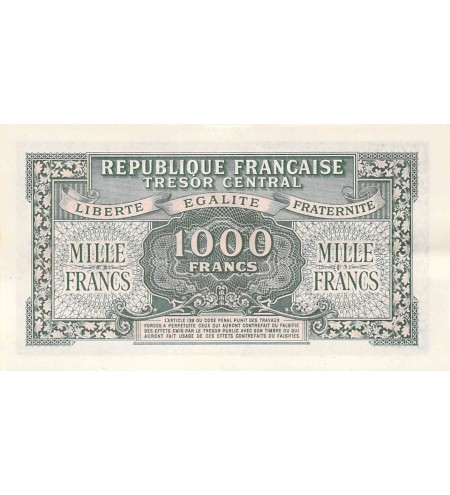 TRÉSOR CENTRAL, MARIANNE - 1000 FRANCS 1945 SÉRIE D chiffres maigres - SPL
