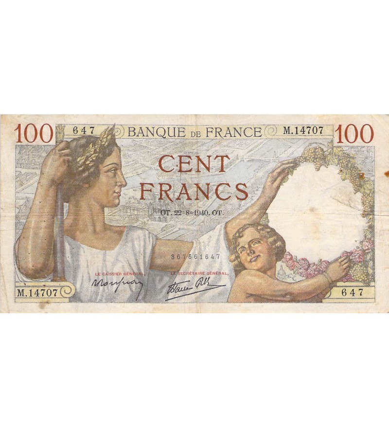 FRANCE, SULLY - 100 FRANCS 22/08/1941 - SÉRIE M.14707 - TB+