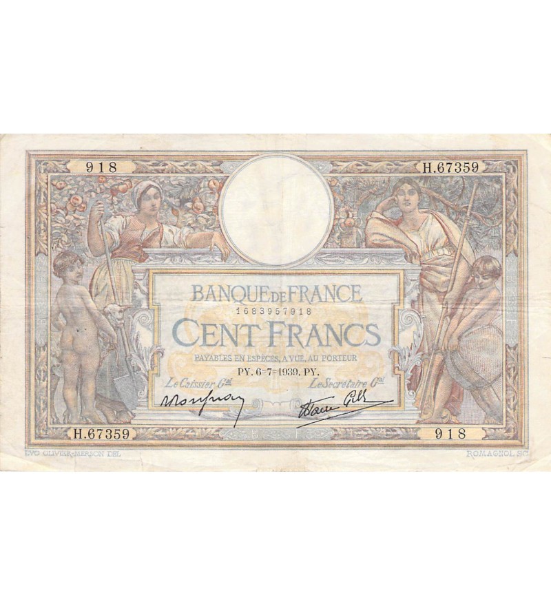 FRANCE, LUC-OLIVIER MERSON - 100 FRANCS 06/07/1939 - TB+