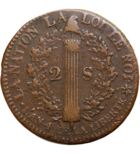 REVOLUTION FRANCAISE, CONSTITUTION - 2 SOLS ROI DES FRANCAIS 1792 BB STRASBOURG