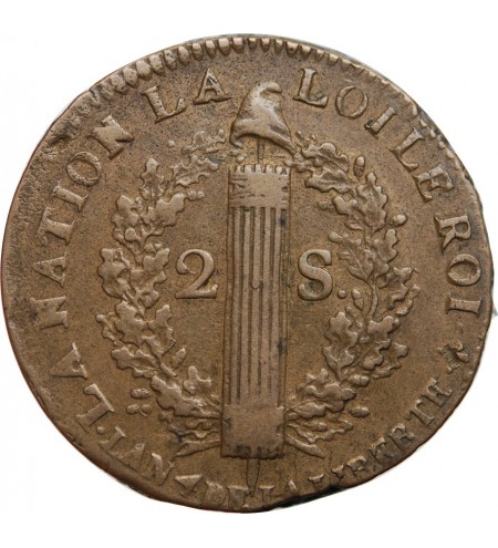 REVOLUTION FRANCAISE, CONSTITUTION - 2 SOLS ROI DES FRANCOIS 1792 W° ARRAS