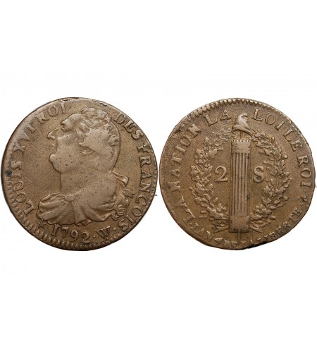 REVOLUTION FRANCAISE, CONSTITUTION - 2 SOLS ROI DES FRANCOIS 1792 W° ARRAS