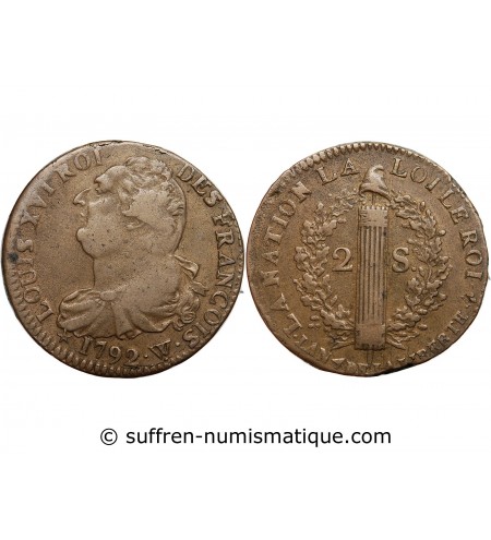 REVOLUTION FRANCAISE, CONSTITUTION - 2 SOLS ROI DES FRANCOIS 1792 W° ARRAS