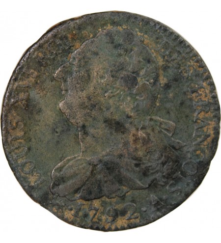 LOUIS XVI, CONSTITUTION - 2 SOLS AU FAISCEAU 1792 A PARIS