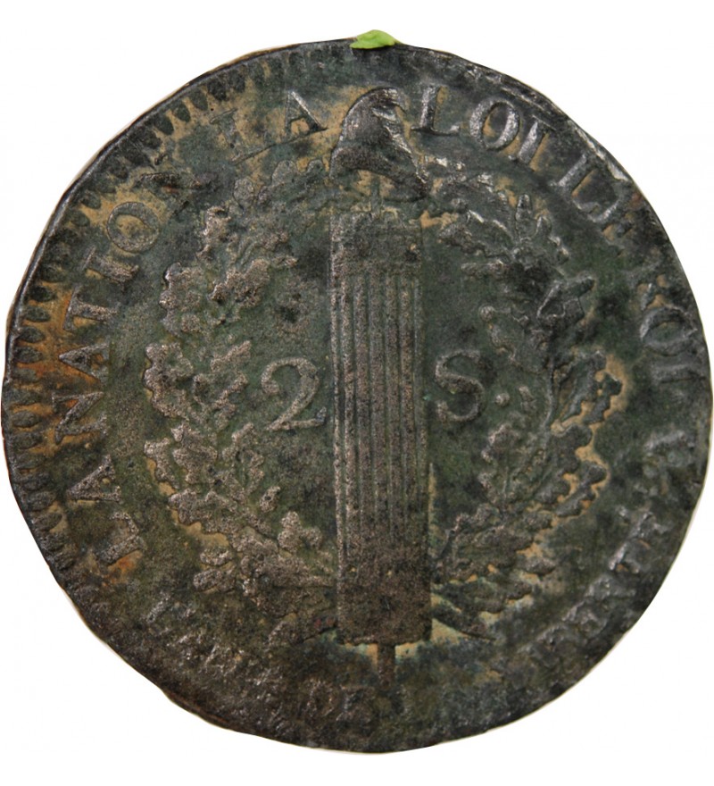 LOUIS XVI, CONSTITUTION - 2 SOLS AU FAISCEAU 1792 A PARIS