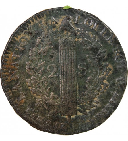 LOUIS XVI, CONSTITUTION - 2 SOLS AU FAISCEAU 1792 A PARIS