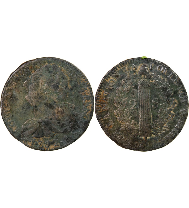 LOUIS XVI, CONSTITUTION - 2 SOLS AU FAISCEAU 1792 A PARIS