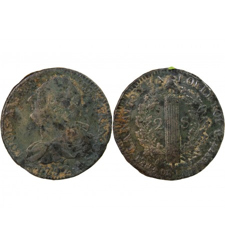 LOUIS XVI, CONSTITUTION - 2 SOLS AU FAISCEAU 1792 A PARIS