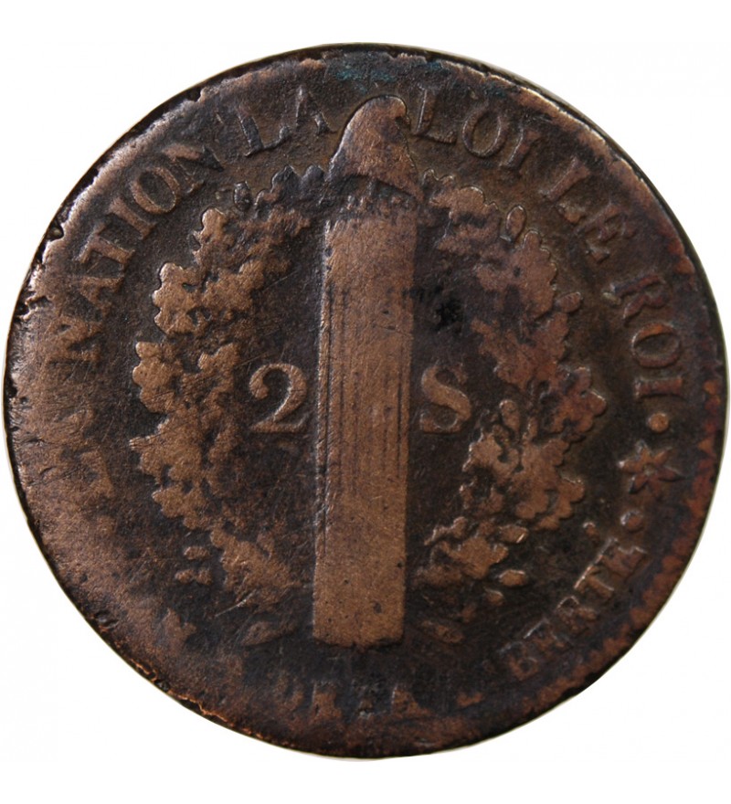 LOUIS XVI, CONSTITUTION - 2 SOLS AU FAISCEAU 1792 BB STRASBOURG