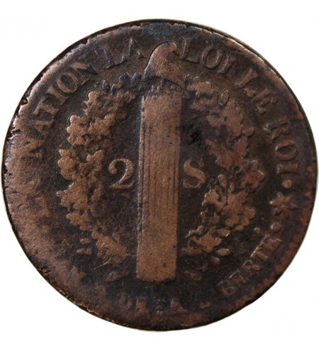 LOUIS XVI, CONSTITUTION - 2 SOLS AU FAISCEAU 1792 BB STRASBOURG
