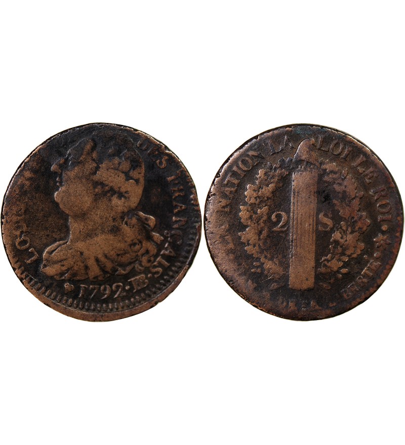 LOUIS XVI, CONSTITUTION - 2 SOLS AU FAISCEAU 1792 BB STRASBOURG
