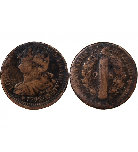 LOUIS XVI, CONSTITUTION - 2 SOLS AU FAISCEAU 1792 BB STRASBOURG
