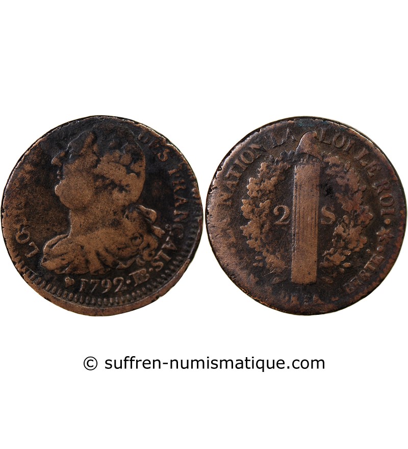 LOUIS XVI, CONSTITUTION - 2 SOLS AU FAISCEAU 1792 BB STRASBOURG