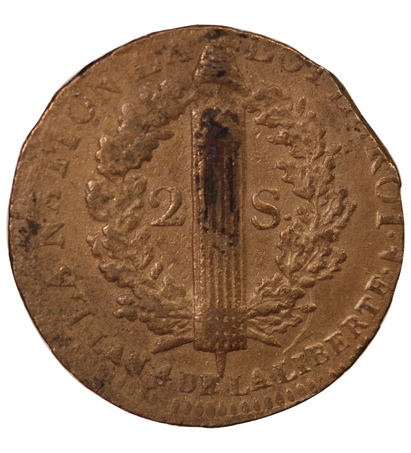 LOUIS XVI, CONSTITUTION - 2 SOLS AU FAISCEAU 1792 W LILLE