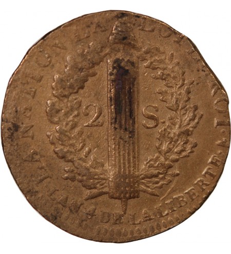 LOUIS XVI, CONSTITUTION - 2 SOLS AU FAISCEAU 1792 W LILLE