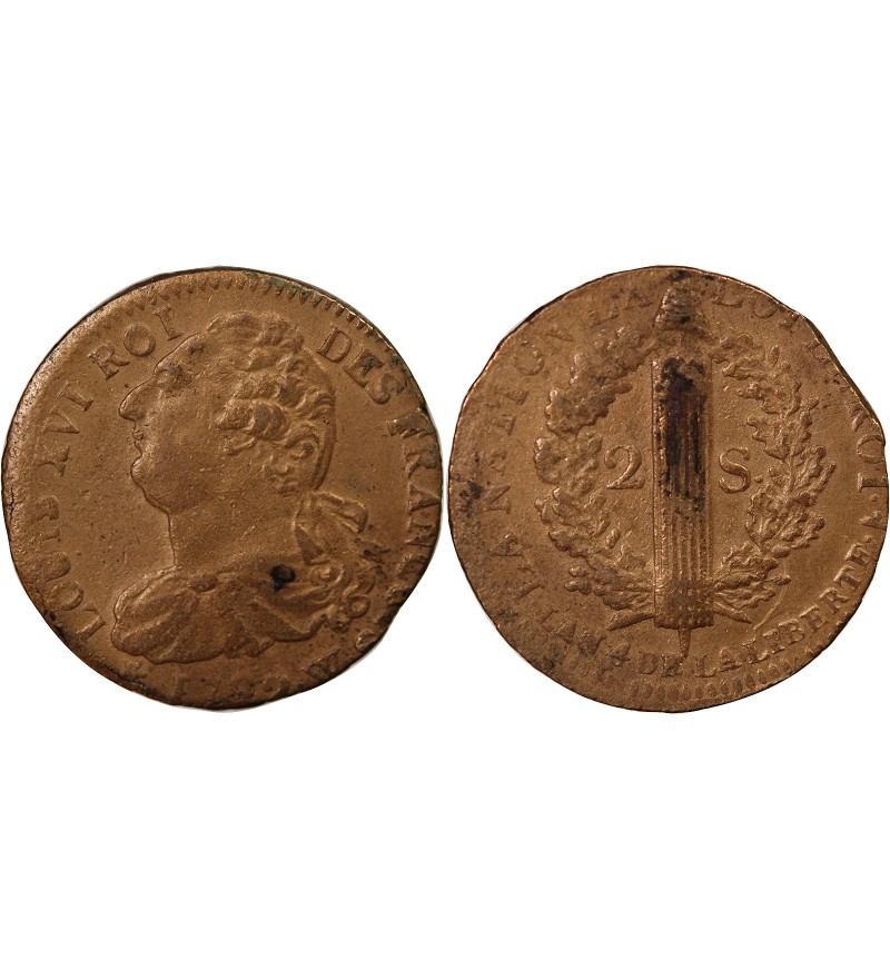 LOUIS XVI, CONSTITUTION - 2 SOLS AU FAISCEAU 1792 W LILLE
