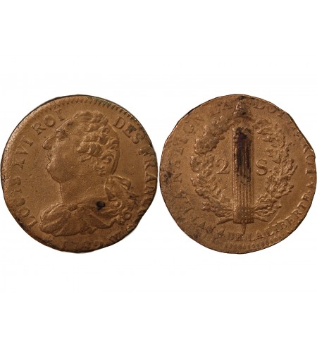 LOUIS XVI, CONSTITUTION - 2 SOLS AU FAISCEAU 1792 W LILLE