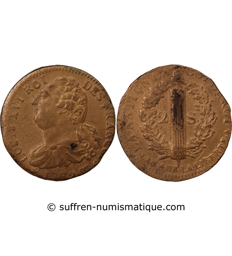 LOUIS XVI, CONSTITUTION - 2 SOLS AU FAISCEAU 1792 W LILLE
