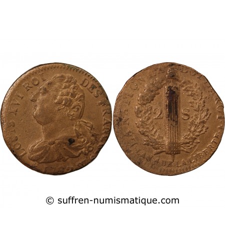LOUIS XVI, CONSTITUTION - 2 SOLS AU FAISCEAU 1792 W LILLE