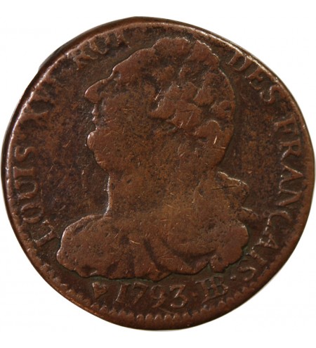 LOUIS XVI, CONSTITUTION - 2 SOLS AU FAISCEAU 1793 BB STRASBOURG