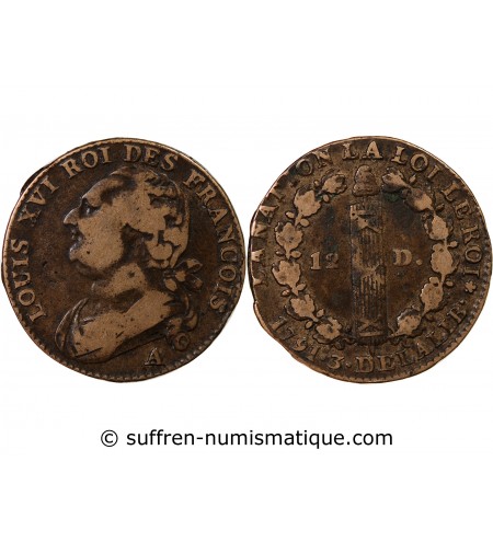 LOUIS XVI, CONSTITUTION - 12 DENIERS 1791 A PARIS