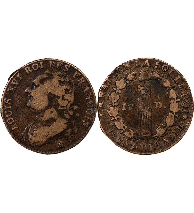 LOUIS XVI, CONSTITUTION - 12 DENIERS 1791 A PARIS
