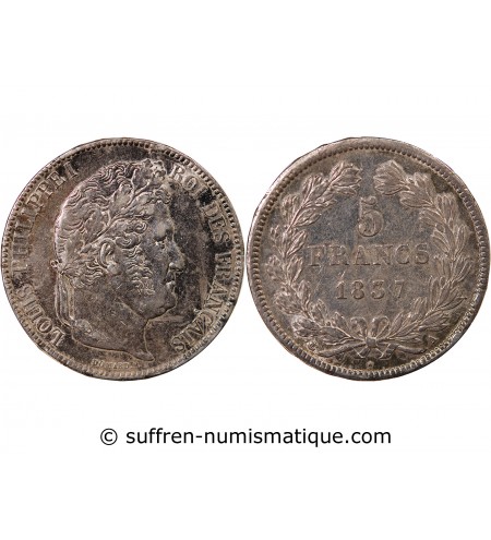 LOUIS PHILIPPE﻿ - 5 FRANCS ARGENT 1837 A PARIS "Type Domard, Tr relief"