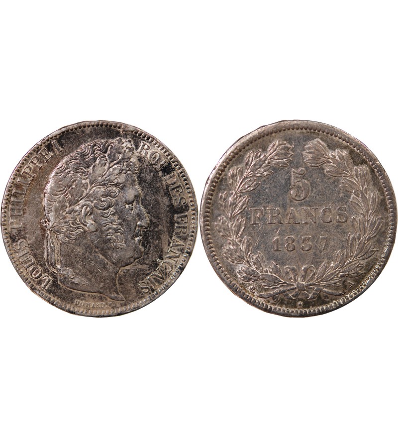 LOUIS PHILIPPE﻿ - 5 FRANCS ARGENT 1837 A PARIS "Type Domard, Tr relief"