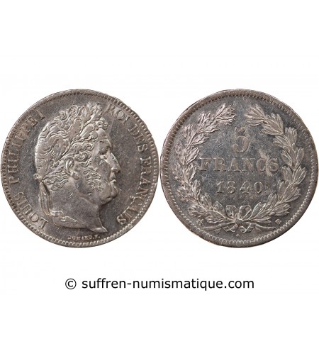 LOUIS PHILIPPE﻿ - 5 FRANCS ARGENT 1840 B ROUEN "Type Domard, Tr relief"