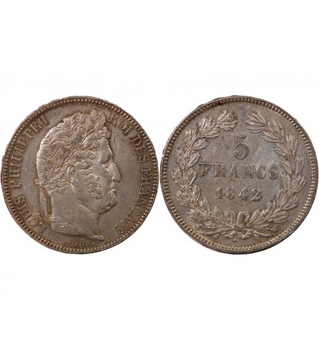 LOUIS PHILIPPE﻿ - 5 FRANCS ARGENT 1842 W LILLE "Type Domard, Tr relief"