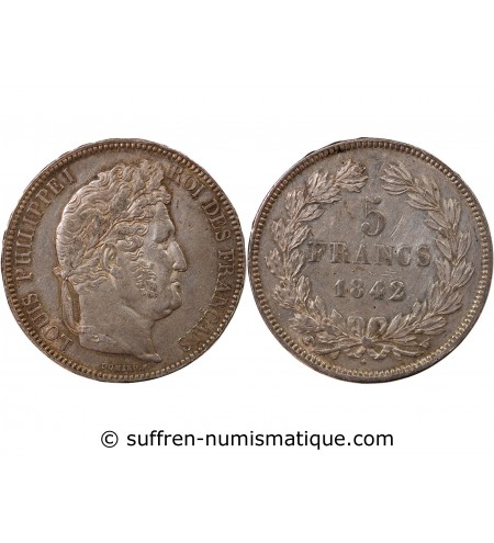 LOUIS PHILIPPE﻿ - 5 FRANCS ARGENT 1842 W LILLE "Type Domard, Tr relief"