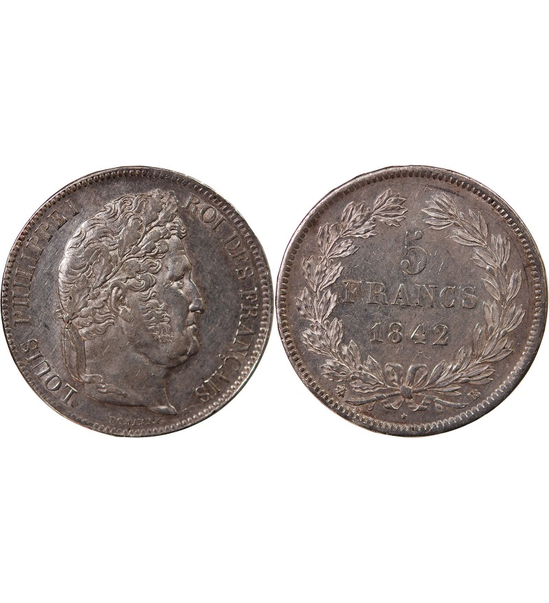LOUIS PHILIPPE﻿ - 5 FRANCS ARGENT 1842 BB STRASBOURG "Type Domard, Tr relief"