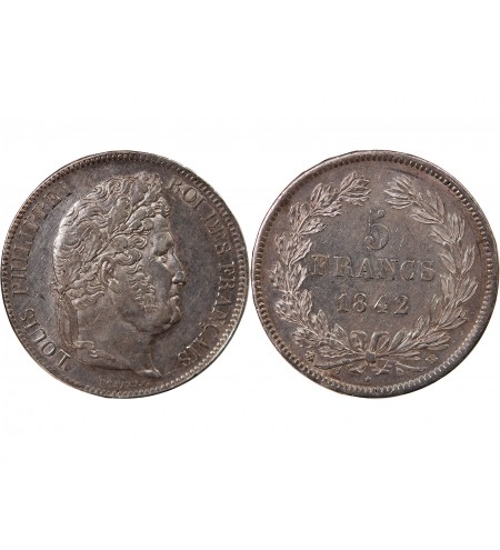 LOUIS PHILIPPE﻿ - 5 FRANCS ARGENT 1842 BB STRASBOURG "Type Domard, Tr relief"