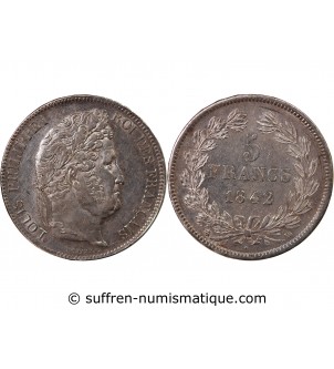LOUIS PHILIPPE﻿ - 5 FRANCS ARGENT 1842 BB STRASBOURG "Type Domard, Tr relief"