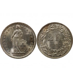 SUISSE, HELVETIA DEBOUT - 2 FRANCS ARGENT 1957 B BERNE 2