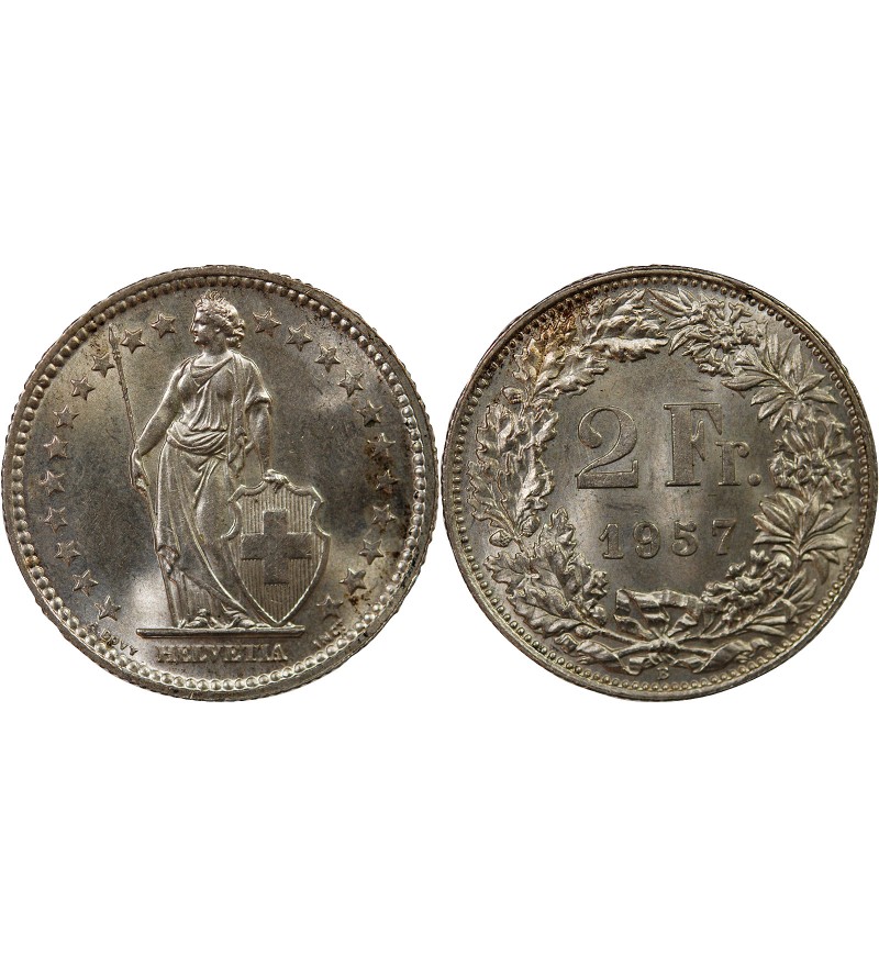 SUISSE, HELVETIA DEBOUT - 2 FRANCS ARGENT 1957 B BERNE