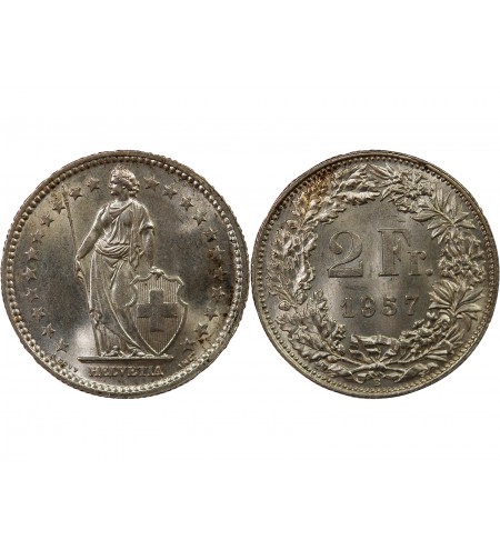 SUISSE, HELVETIA DEBOUT - 2 FRANCS ARGENT 1957 B BERNE