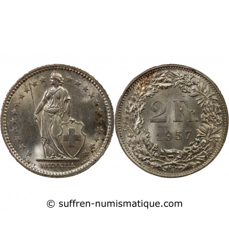 SUISSE, HELVETIA DEBOUT - 2 FRANCS ARGENT 1957 B BERNE