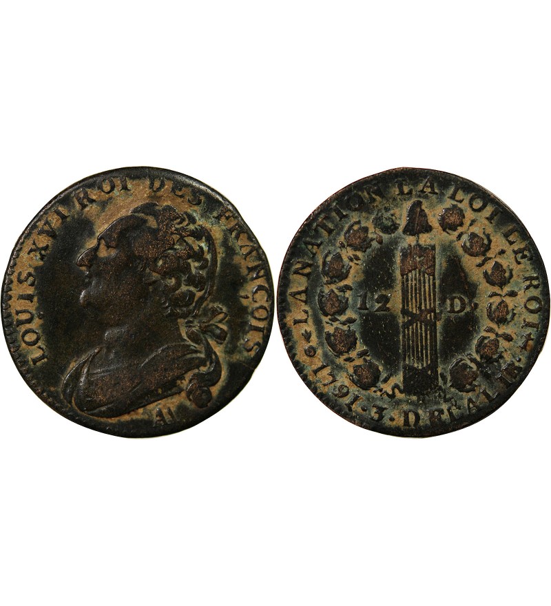 LOUIS XVI, CONSTITUTION - 12 DENIERS 1791 AA METZ