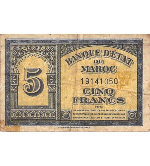 MAROC, BANQUE D'ETAT - 5 FRANCS 01/08/1943 2