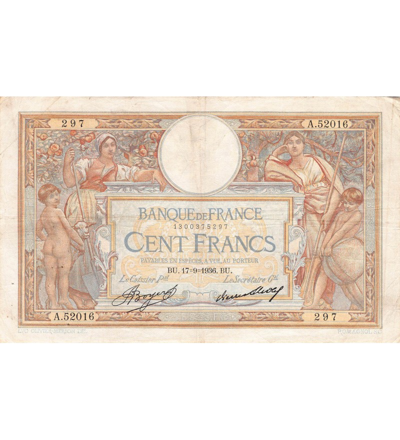 FRANCE, LUC-OLIVIER MERSON - 100 FRANCS 17/09/1936 - TB+