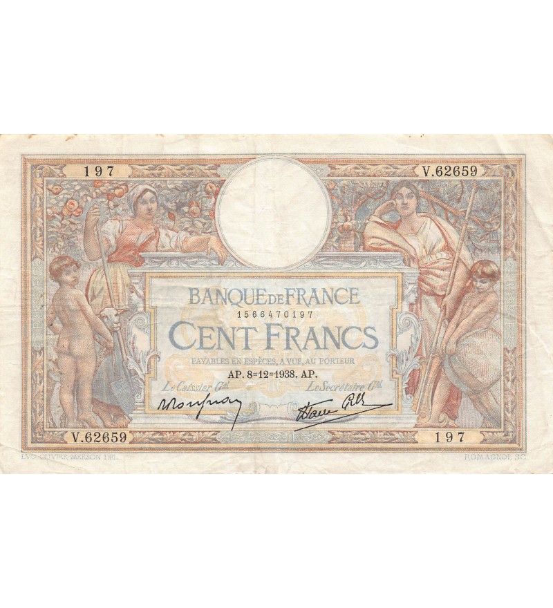 FRANCE, LUC-OLIVIER MERSON - 100 FRANCS 08/12/1938 - TTB