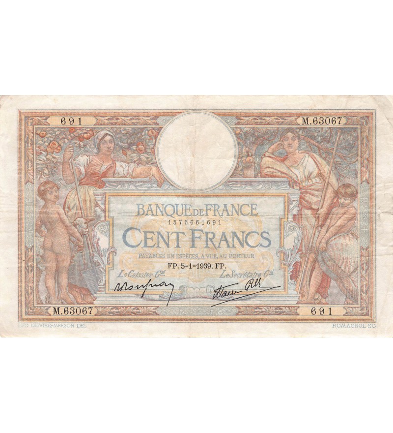 FRANCE, LUC-OLIVIER MERSON - 100 FRANCS 05/01/1939 - TTB