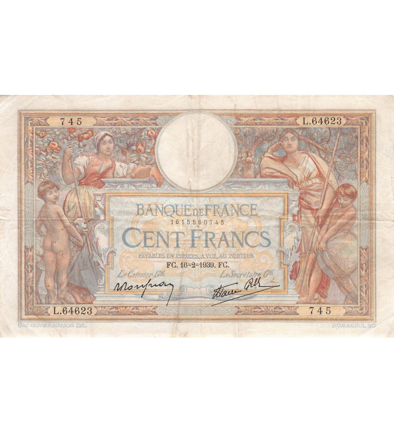 FRANCE, LUC-OLIVIER MERSON - 100 FRANCS 16/02/1939 - TTB