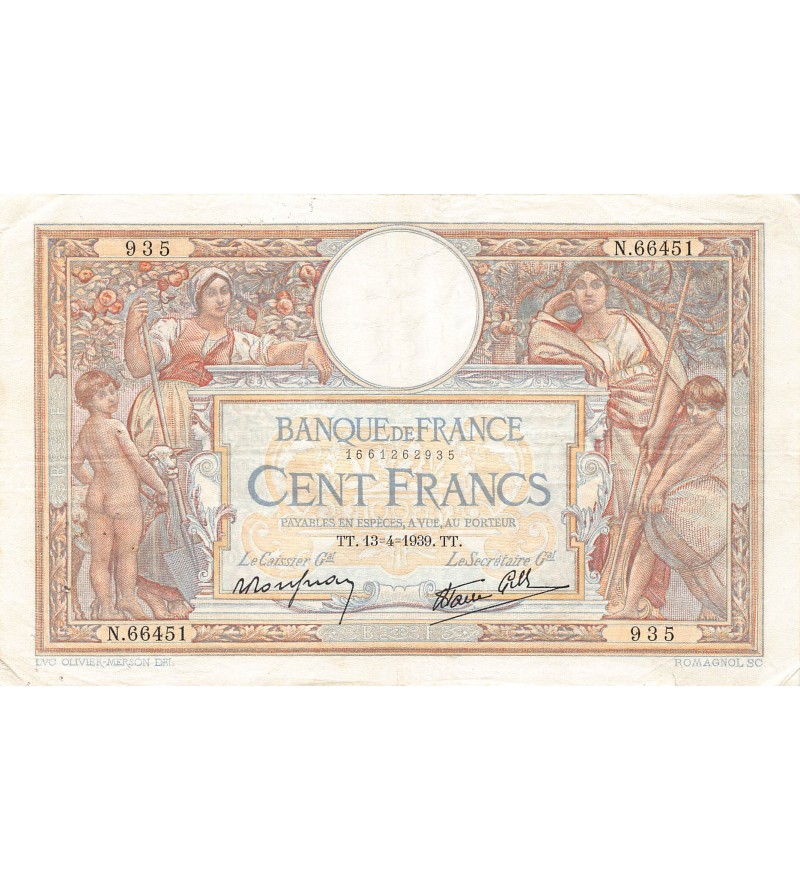 FRANCE, LUC-OLIVIER MERSON - 100 FRANCS 13/04/1939 - TTB