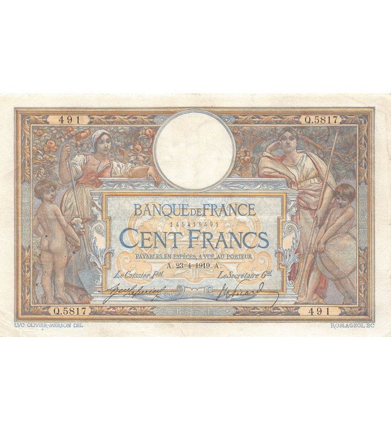 FRANCE, LUC-OLIVIER MERSON - 100 FRANCS 23/04/1919 - TTB